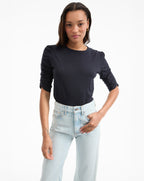 Veronica Beard Waldorf Ruched-Sleeve Slub T-Shirt - Navy
