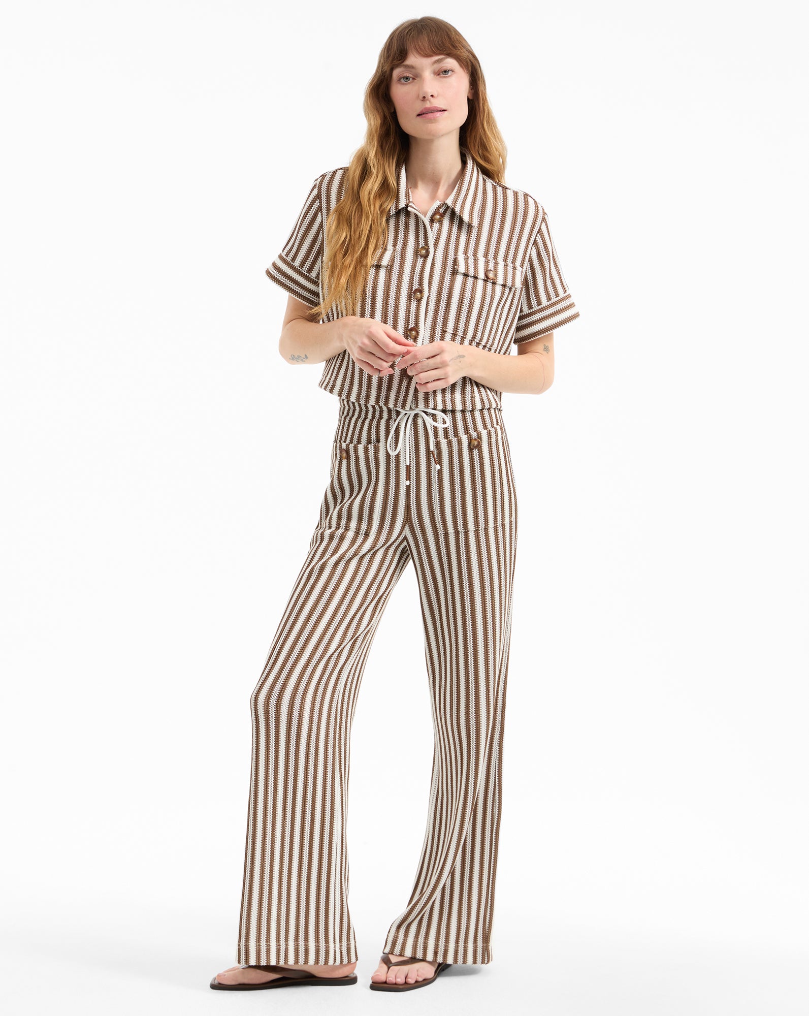 Veronica Beard Bouvier Knit Button-Down Shirt - White/Brown
