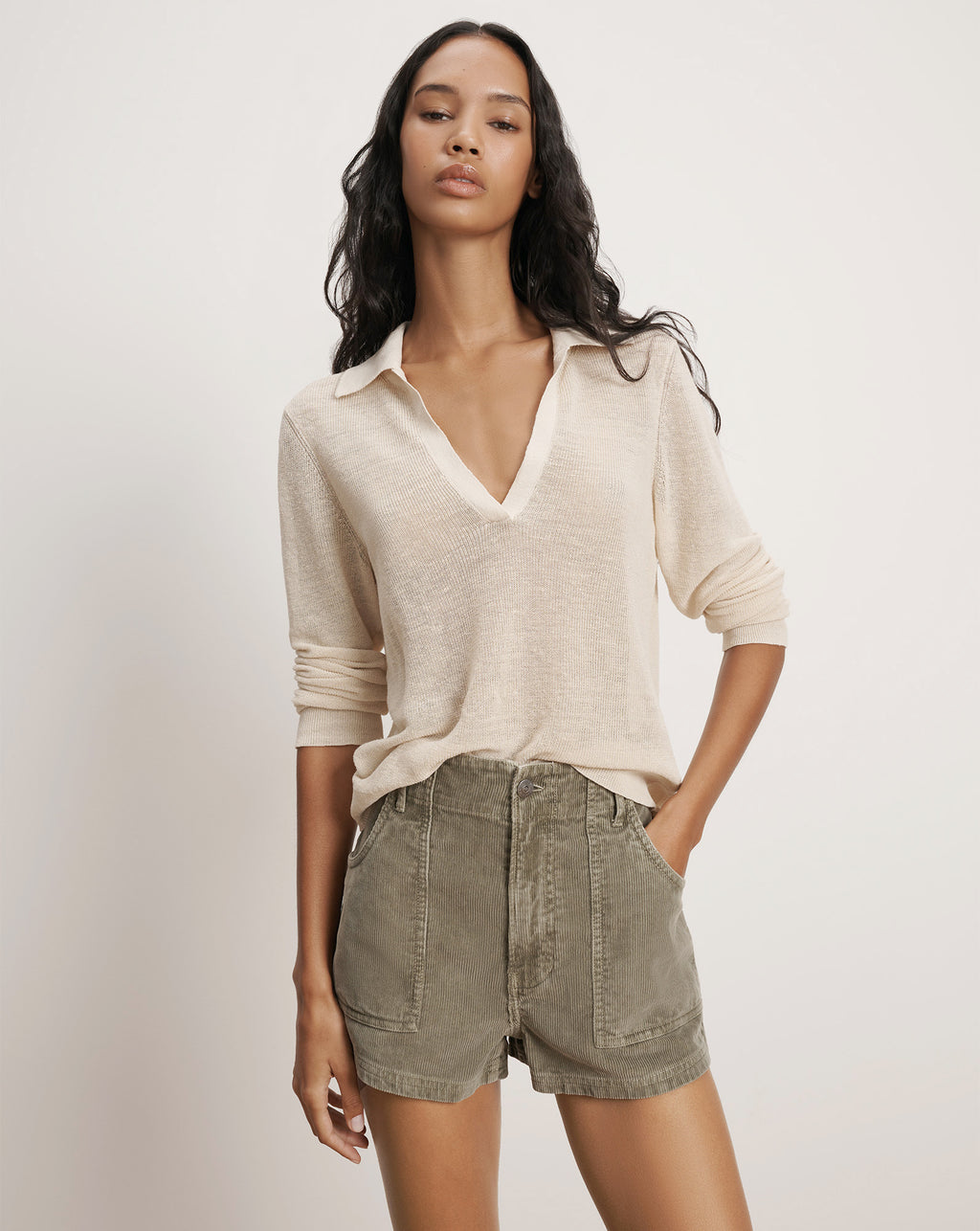 Veronica Beard Issa Knit Long-Sleeve Polo - Ecru