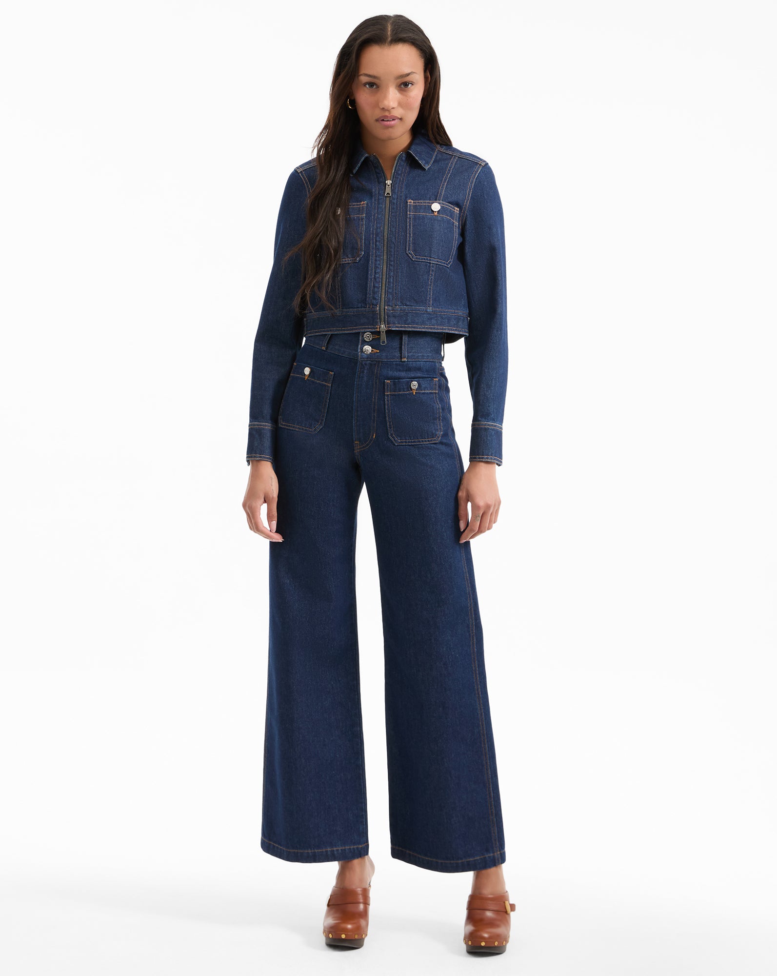 Veronica Beard Taylor Patch-Pocket Wide-Leg Jean - Indigo Rinse