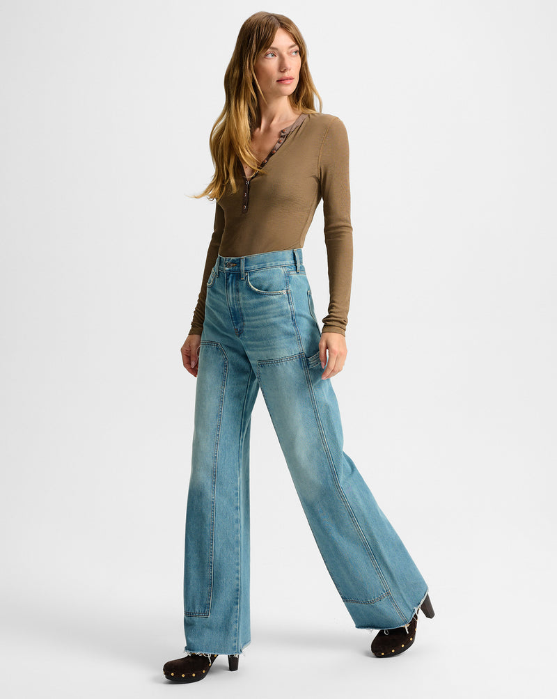 Veronica Beard Taylor Wide-Leg Jean with Chaps - Blue Glare