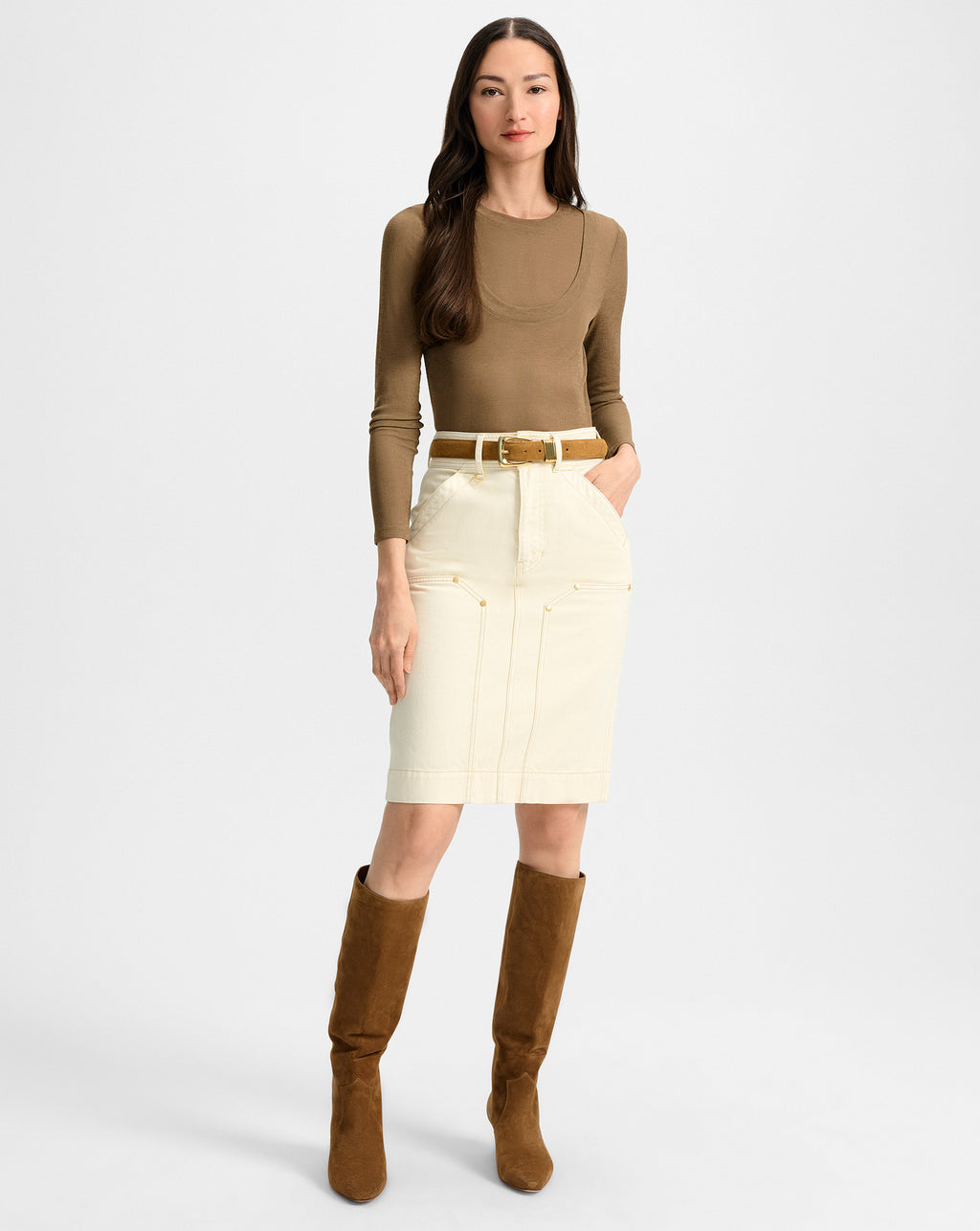 Veronica Beard Rian Denim Midi Skirt - Ecru