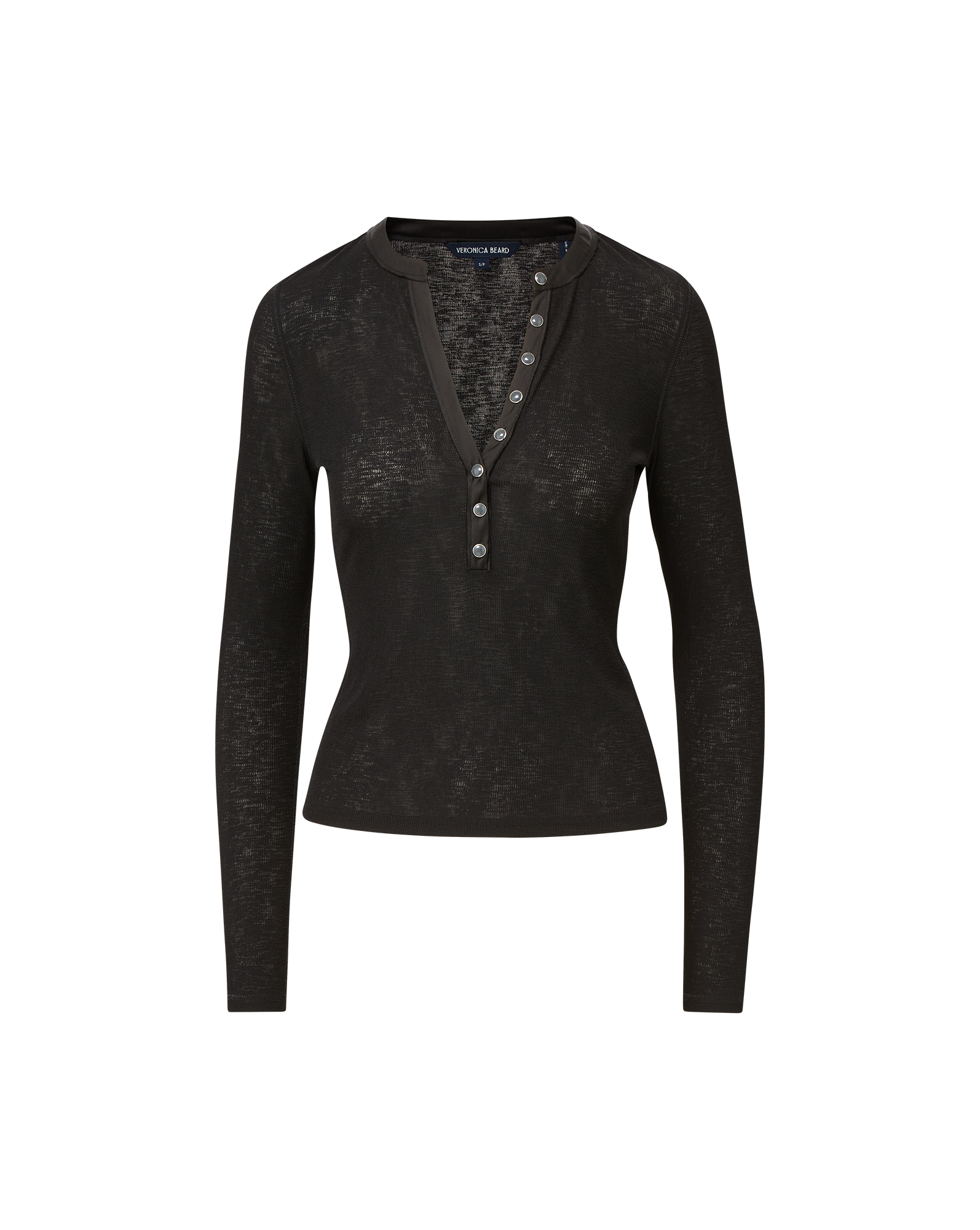Veronica Beard Drexler Ribbed Henley Top Black