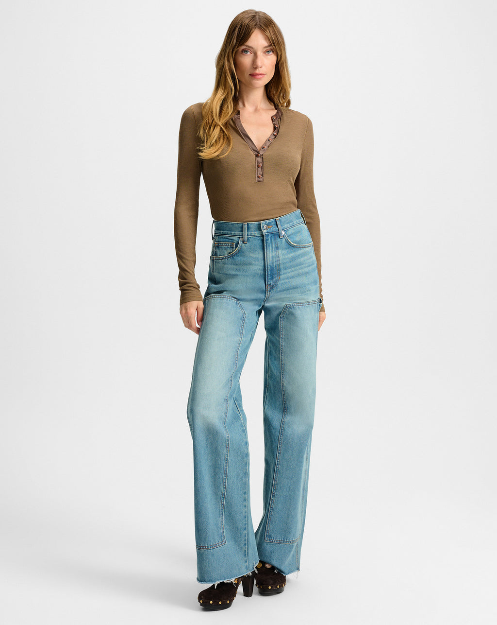 Veronica Beard Drexler Ribbed Henley Top - Lichen