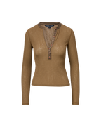 Veronica Beard Drexler Ribbed Henley Top Lichen