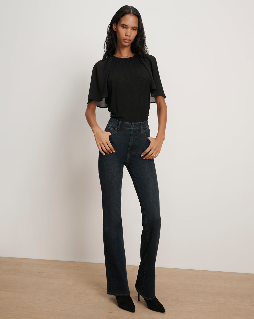 Veronica Beard Arisa Chiffon-Sleeve T-Shirt - Black