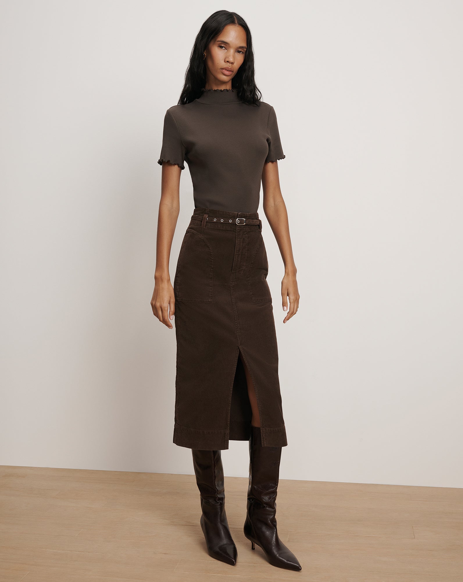 Veronica Beard Pavana Corduroy Midi Skirt - Dark Umber