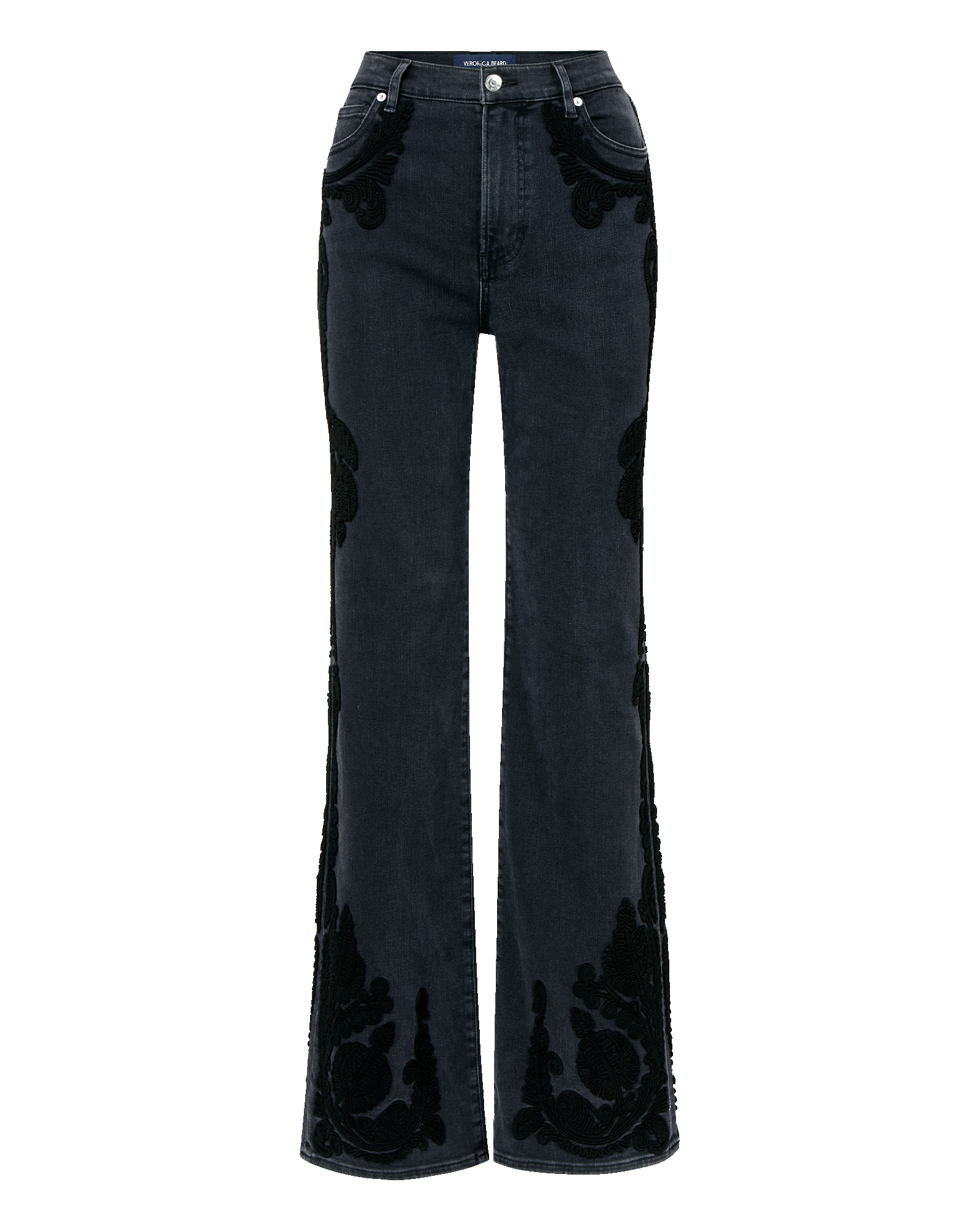 Veronica Beard Crosbie Embroidered Slim Wide-Leg Jean - Washed Onyx