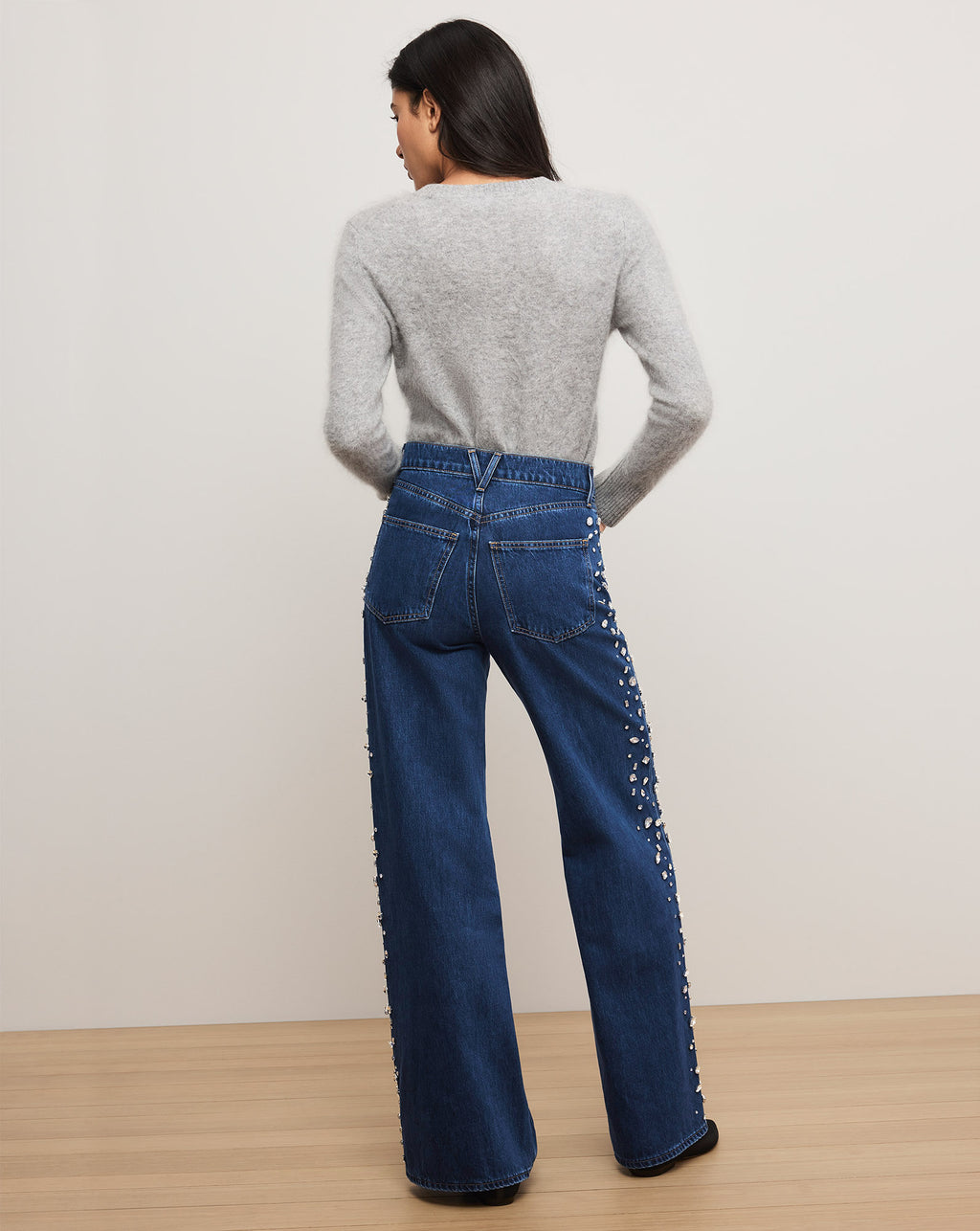 Veronica Beard Kasey Embellished Wide-Leg Jean - Stoned Bright Blue