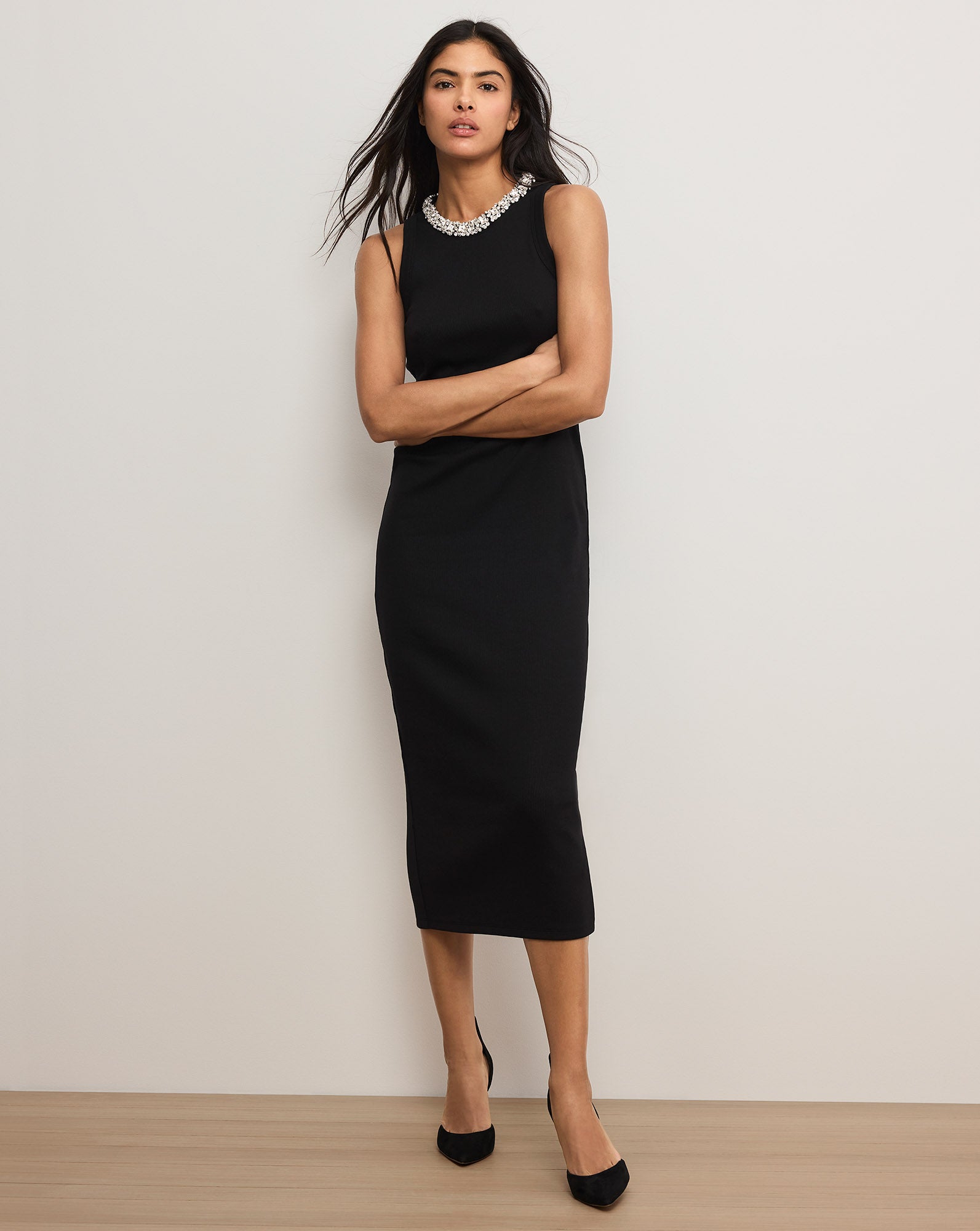 Veronica Beard Jordyn Embellished-Collar Midi Dress - Black