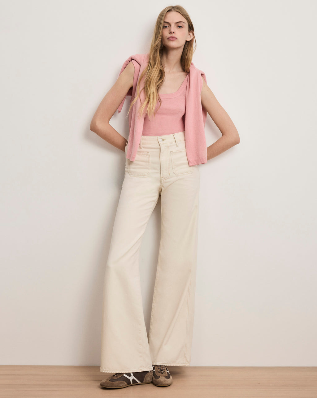 Veronica Beard Kasey Patch-Pocket Wide-Leg Jean - Ecru