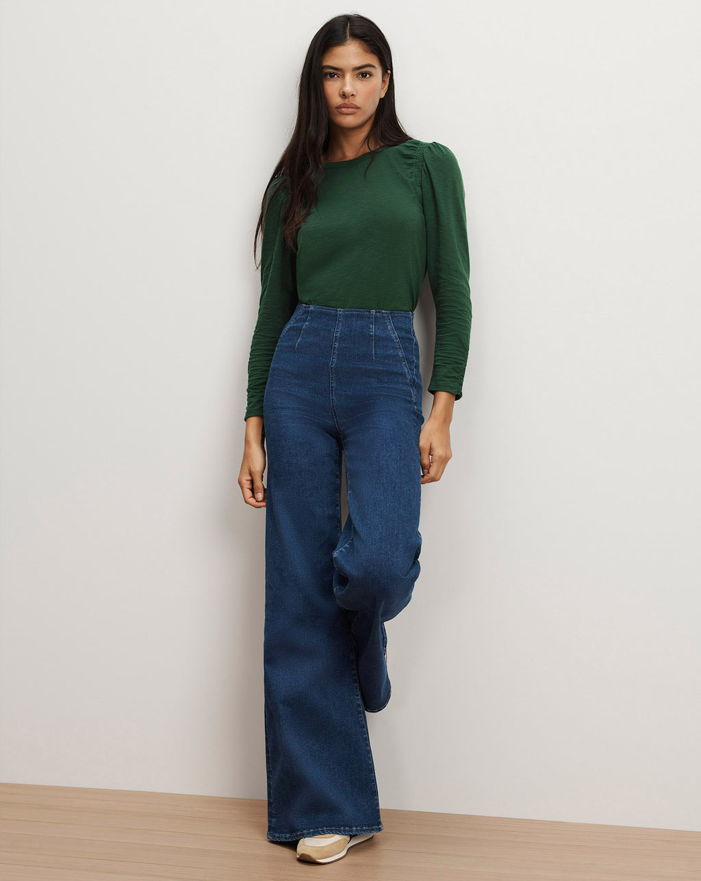 Veronica Beard Bouvet Smocked-Shoulder T-Shirt - Dark Hunter Green