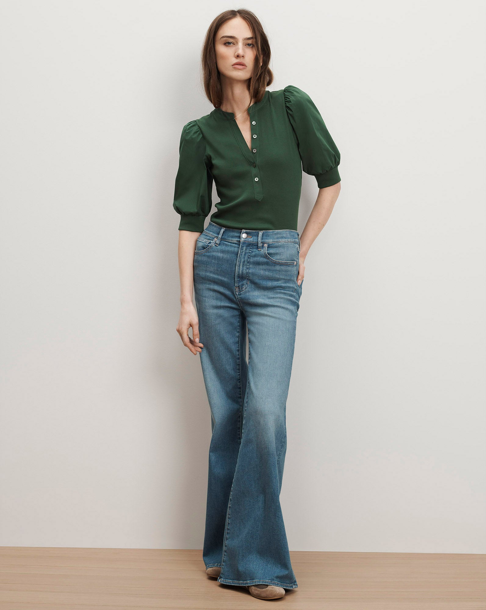 Veronica Beard Coralee Puff-Sleeve Top - Dark Hunter Green
