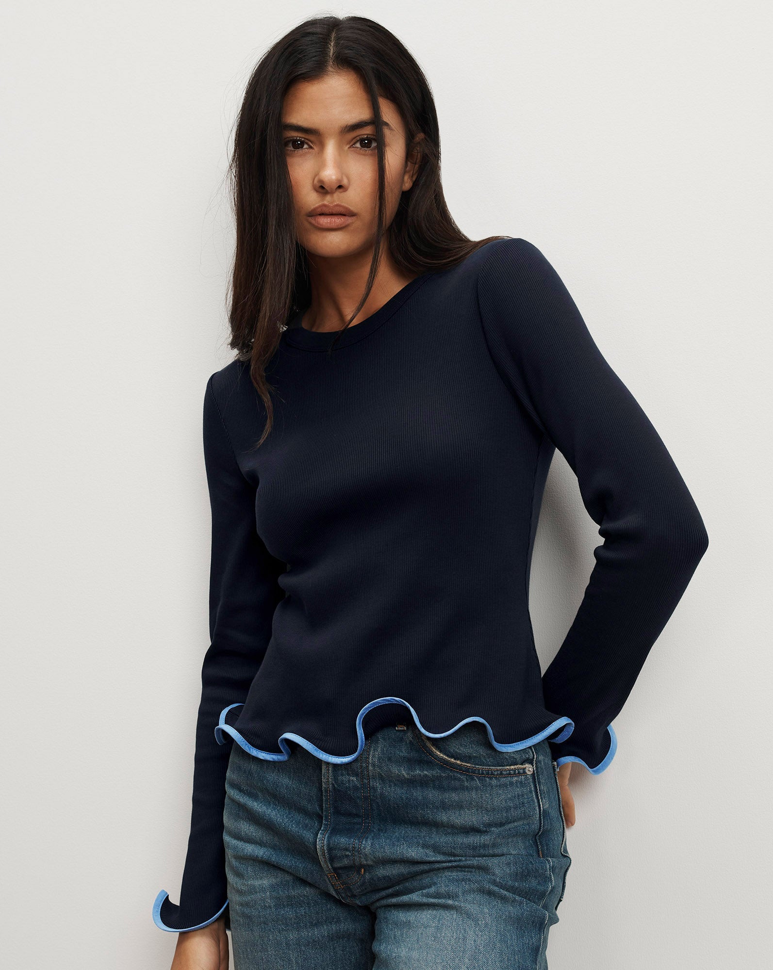 Veronica Beard Elianne Ruffle-Trim T-Shirt - Navy