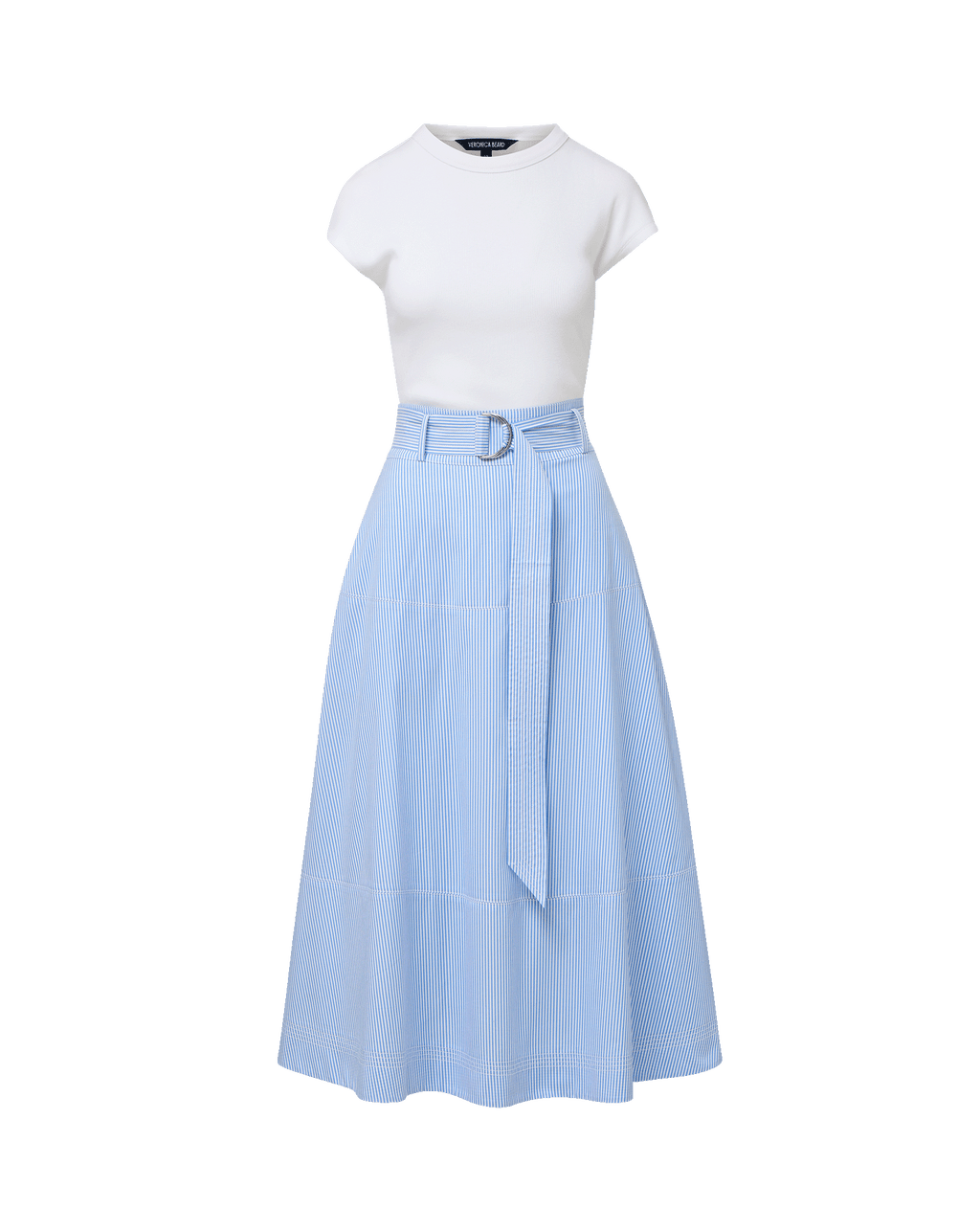 Veronica Beard Belmar Mixed-Media Midi Dress Blue/White Stripe
