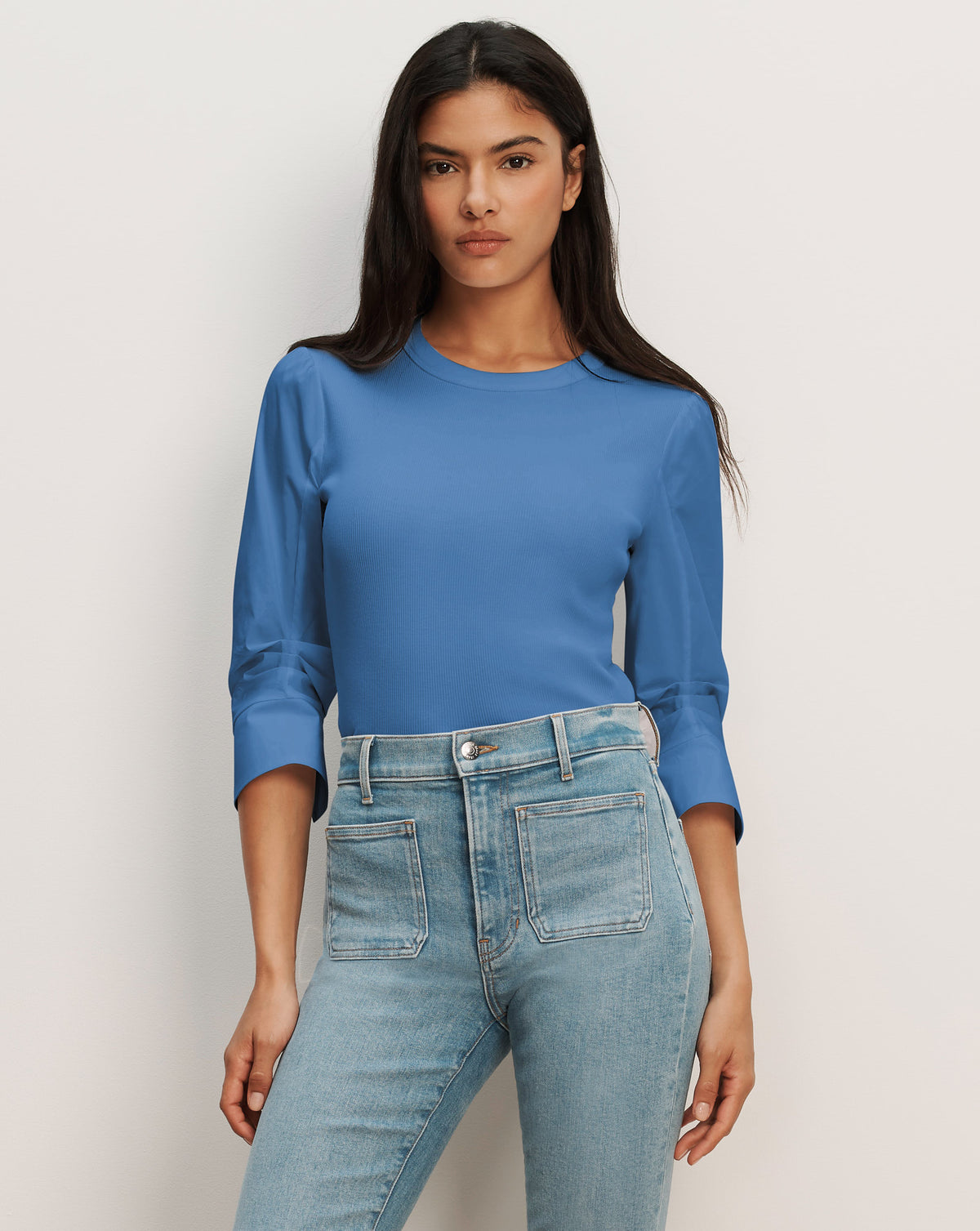 Veronica Beard Junia Mixed-Media T-Shirt - Blue Coast
