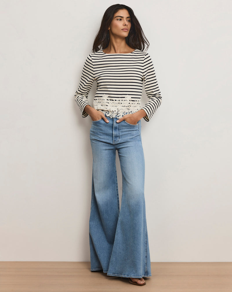 Veronica Beard Hovey Striped Lace T-Shirt - Dove White/Navy Stripe