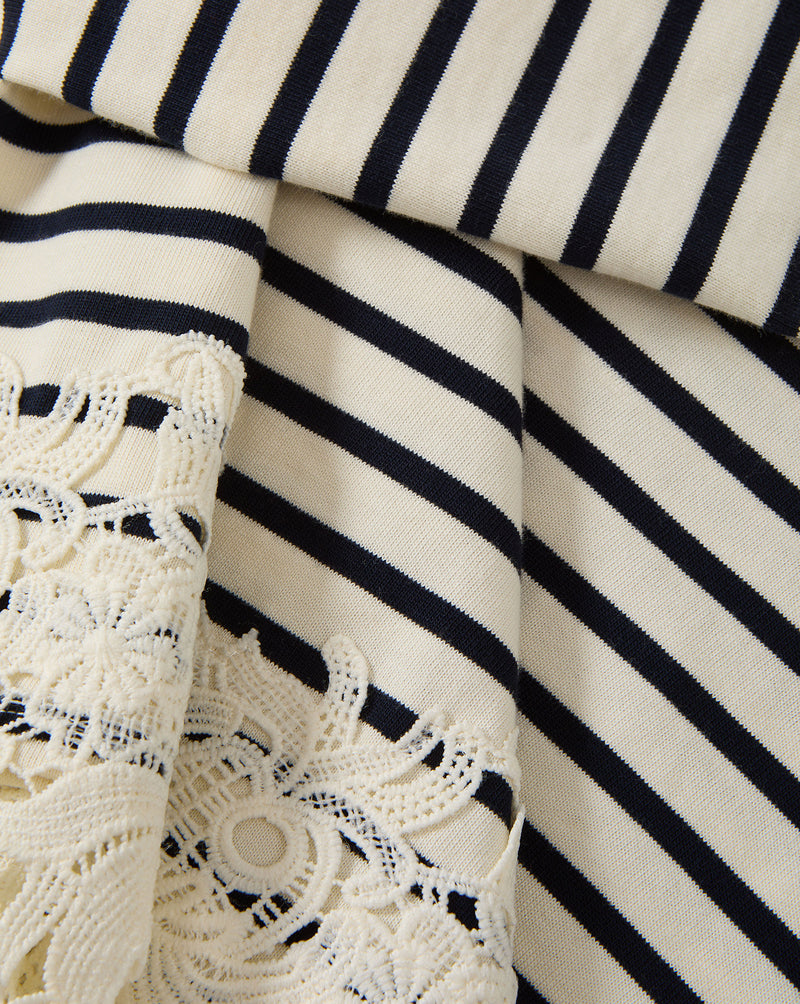 Veronica Beard Hovey Striped Lace T-Shirt - Dove White/Navy Stripe