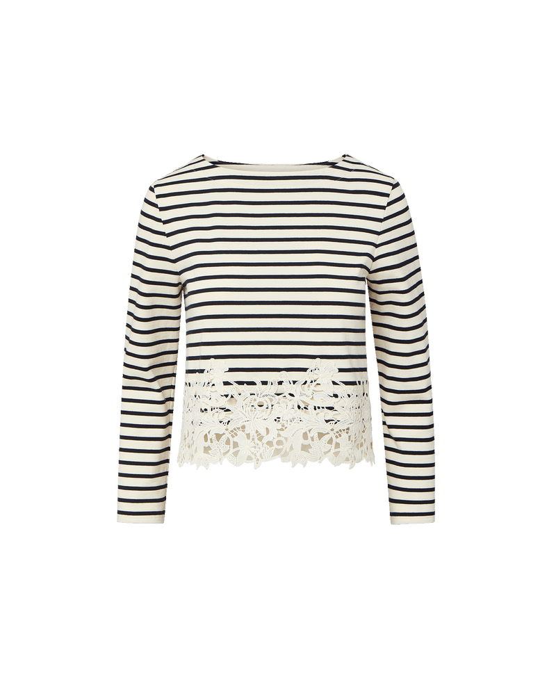 Veronica Beard Hovey Striped Lace T-Shirt Dove White/Navy Stripe