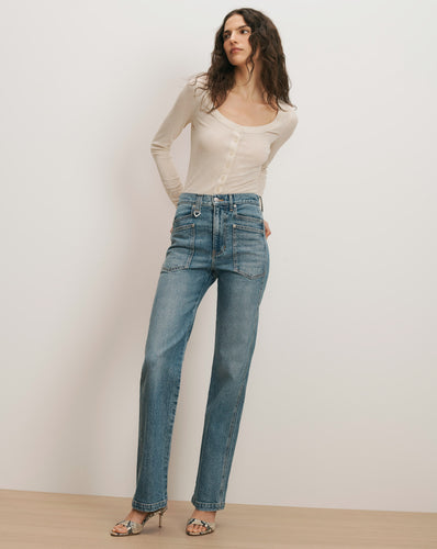 Veronica Beard Dylan Patch-Pocket Straight-Leg Jean - Orbit Glare