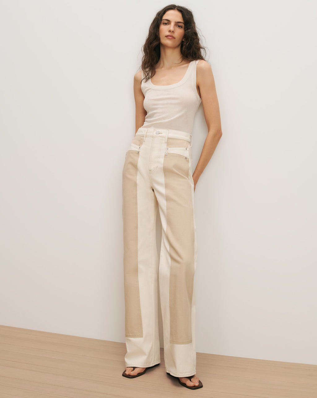 Veronica Beard Taylor Color-Block Wide-Leg Jean - Ecru/Stone Khaki