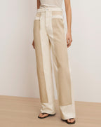 Veronica Beard Taylor Color-Block Wide-Leg Jean - Ecru/Stone Khaki