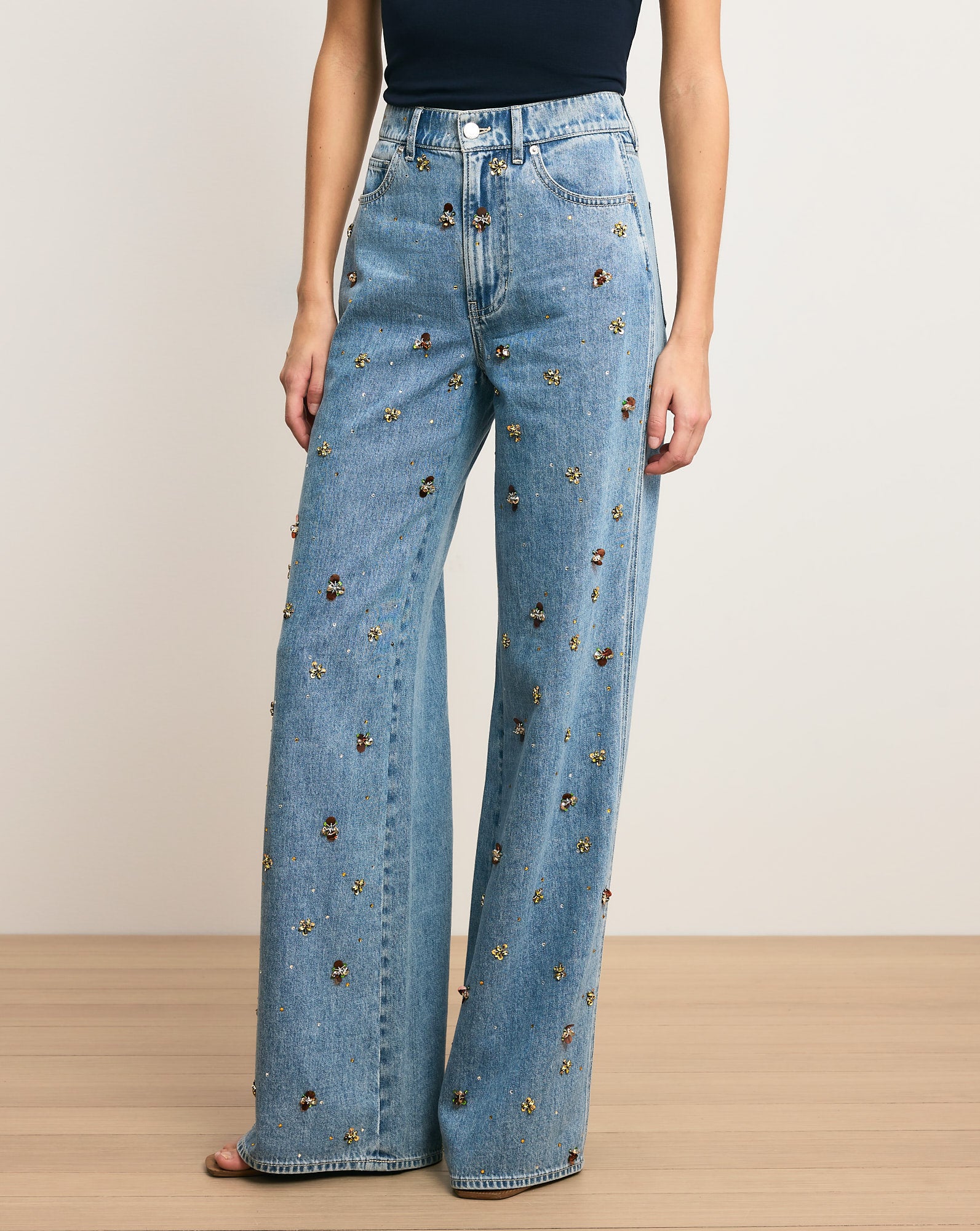 Kasey Embellished Wide-Leg Jean in Light Wash Denim Silver Dust