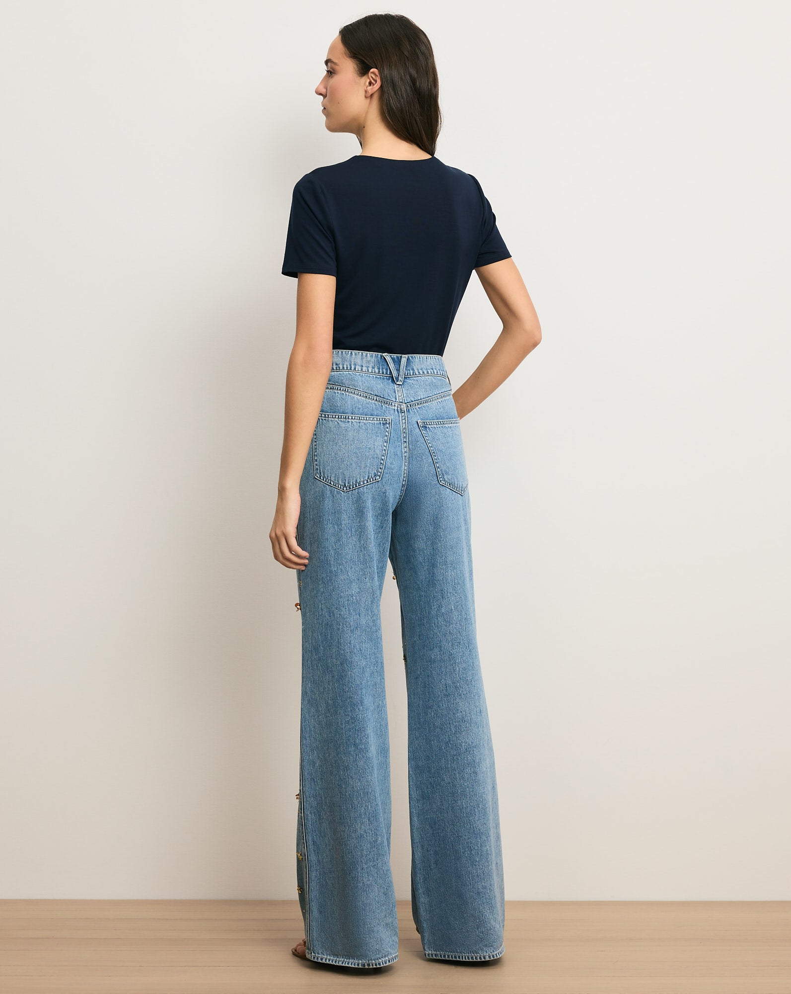 Kasey Embellished Wide-Leg Jean in Light Wash Denim Silver Dust