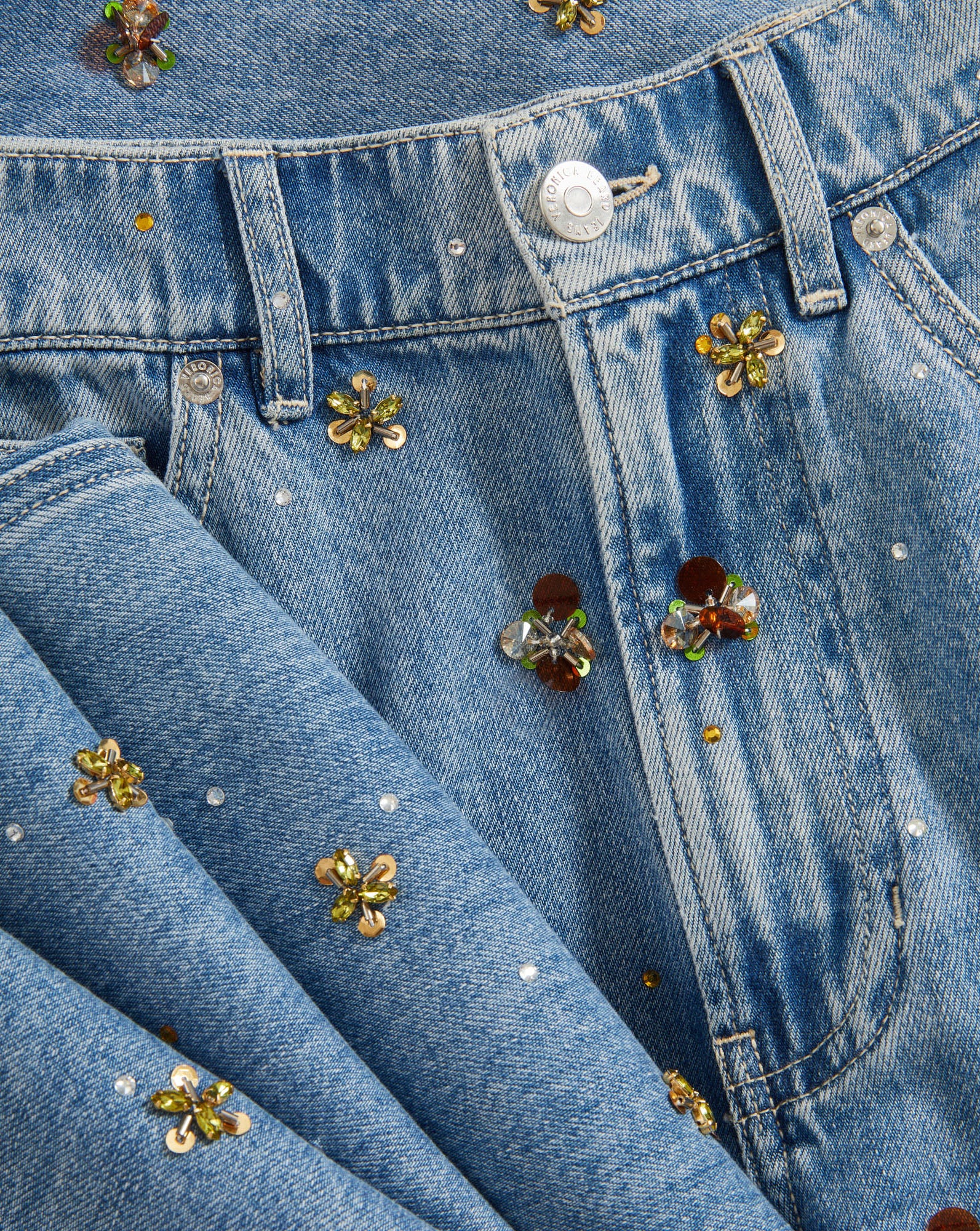 Kasey Embellished Wide-Leg Jean in Light Wash Denim Silver Dust