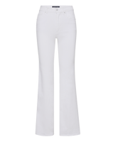 Veronica Beard Cream-colored denim flare jeans with a high waist and five pockets.