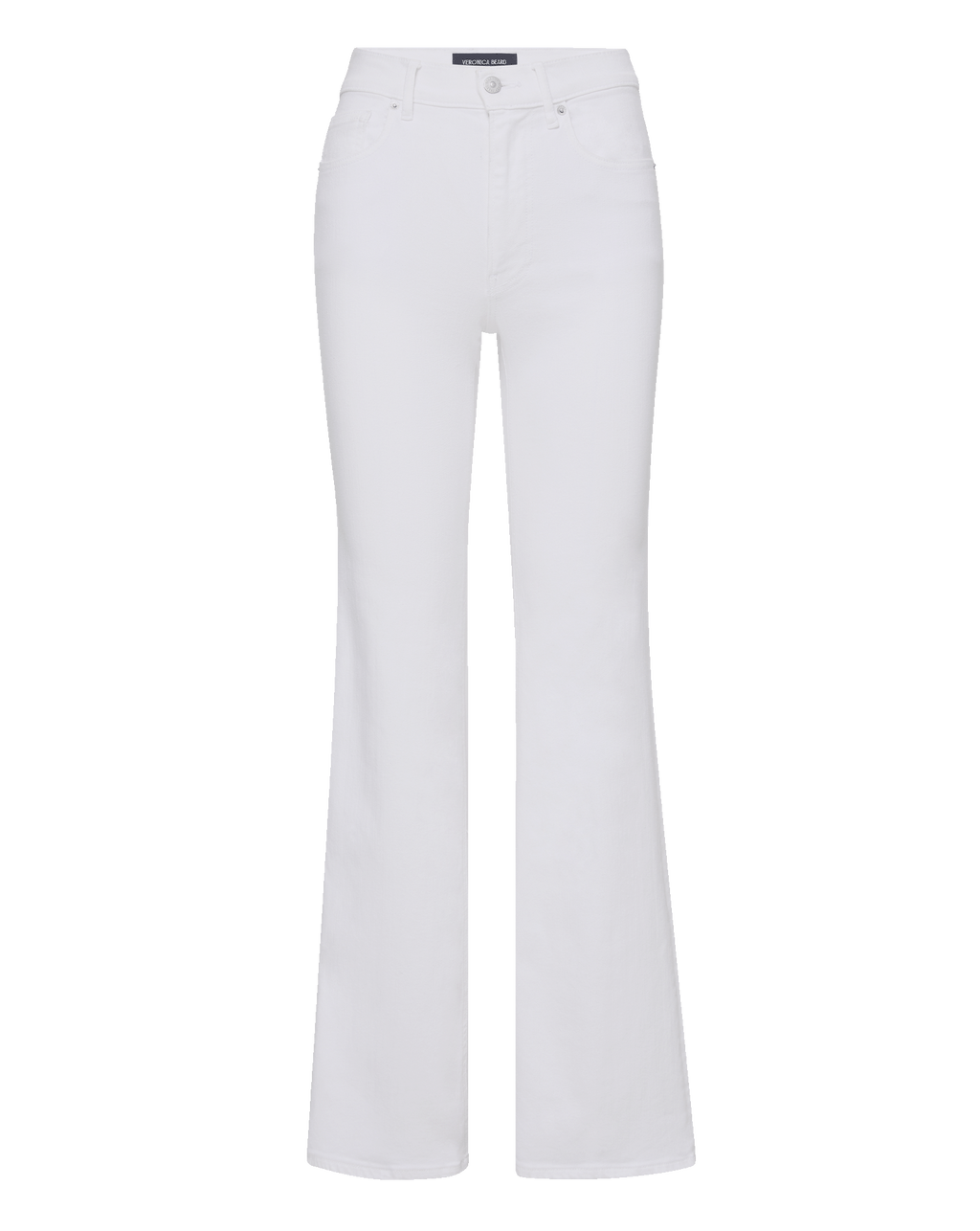 Veronica Beard Cream-colored denim flare jeans with a high waist and five pockets.