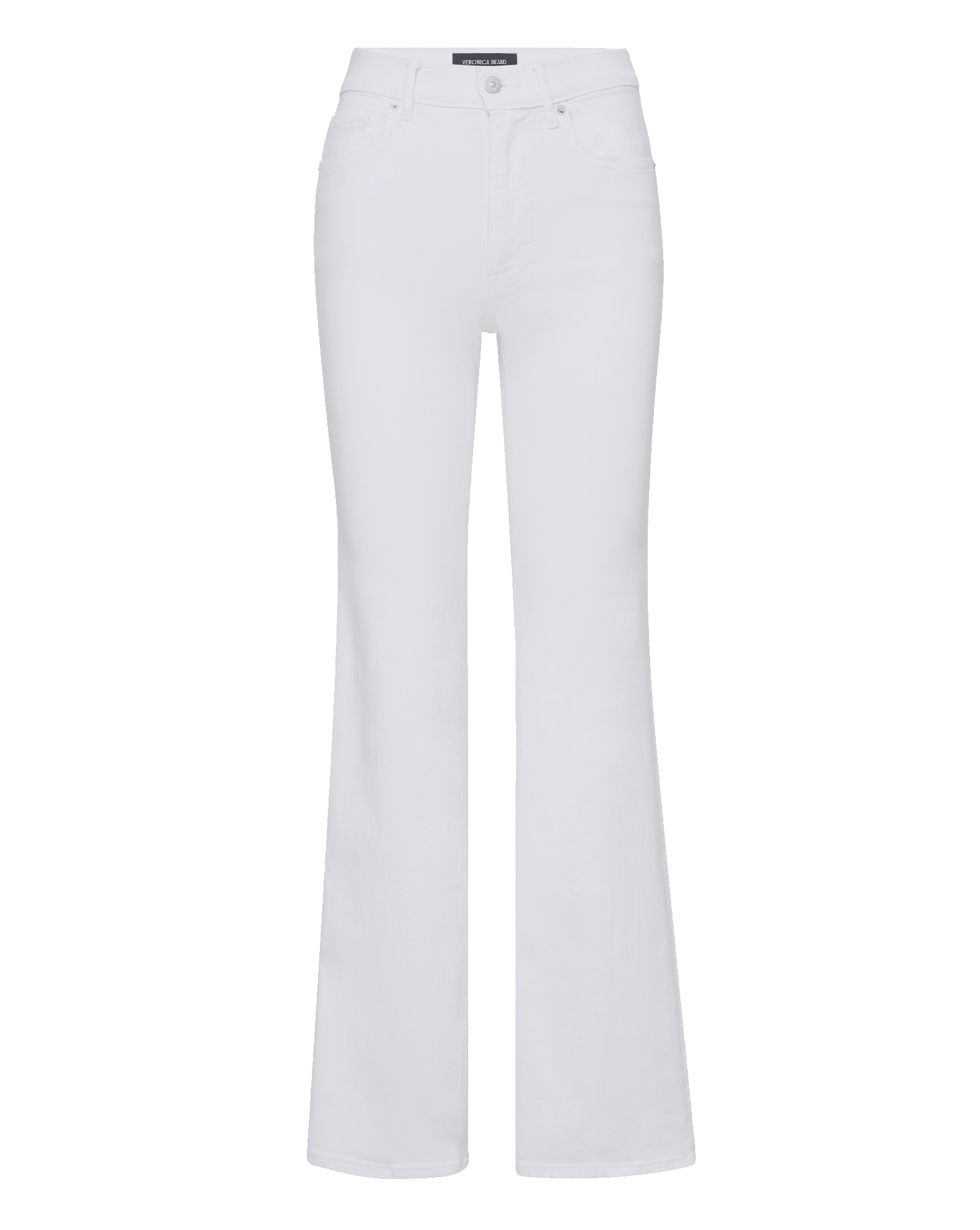 Veronica Beard Cream-colored denim flare jeans with a high waist and five pockets.