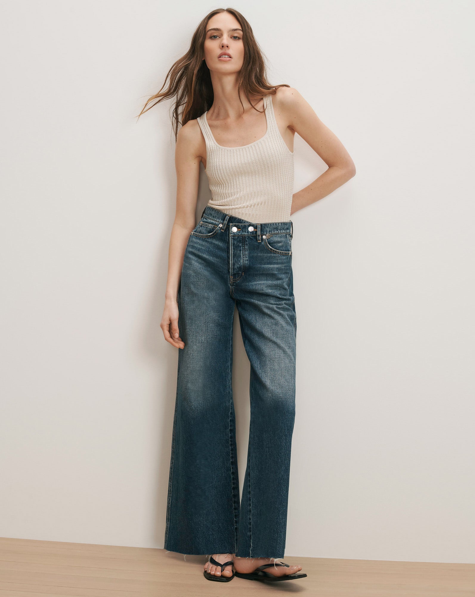 Veronica Beard Taylor Crossover-Waistband Wide-Leg Jean - City Lights