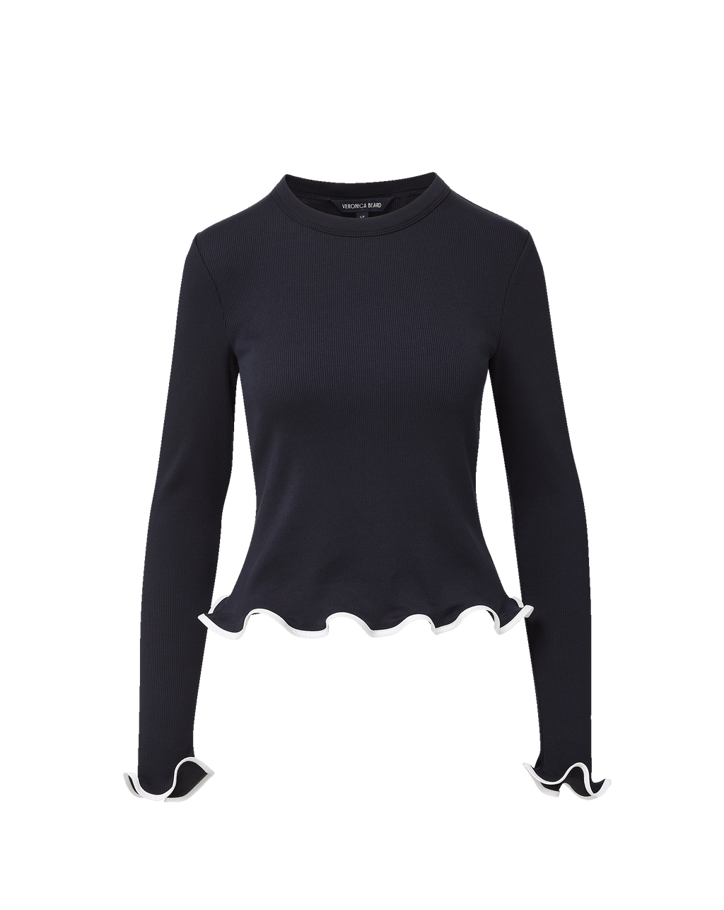 Veronica Beard Black long-sleeve ribbed top with white lettuce trim on the hem and cuffs.
