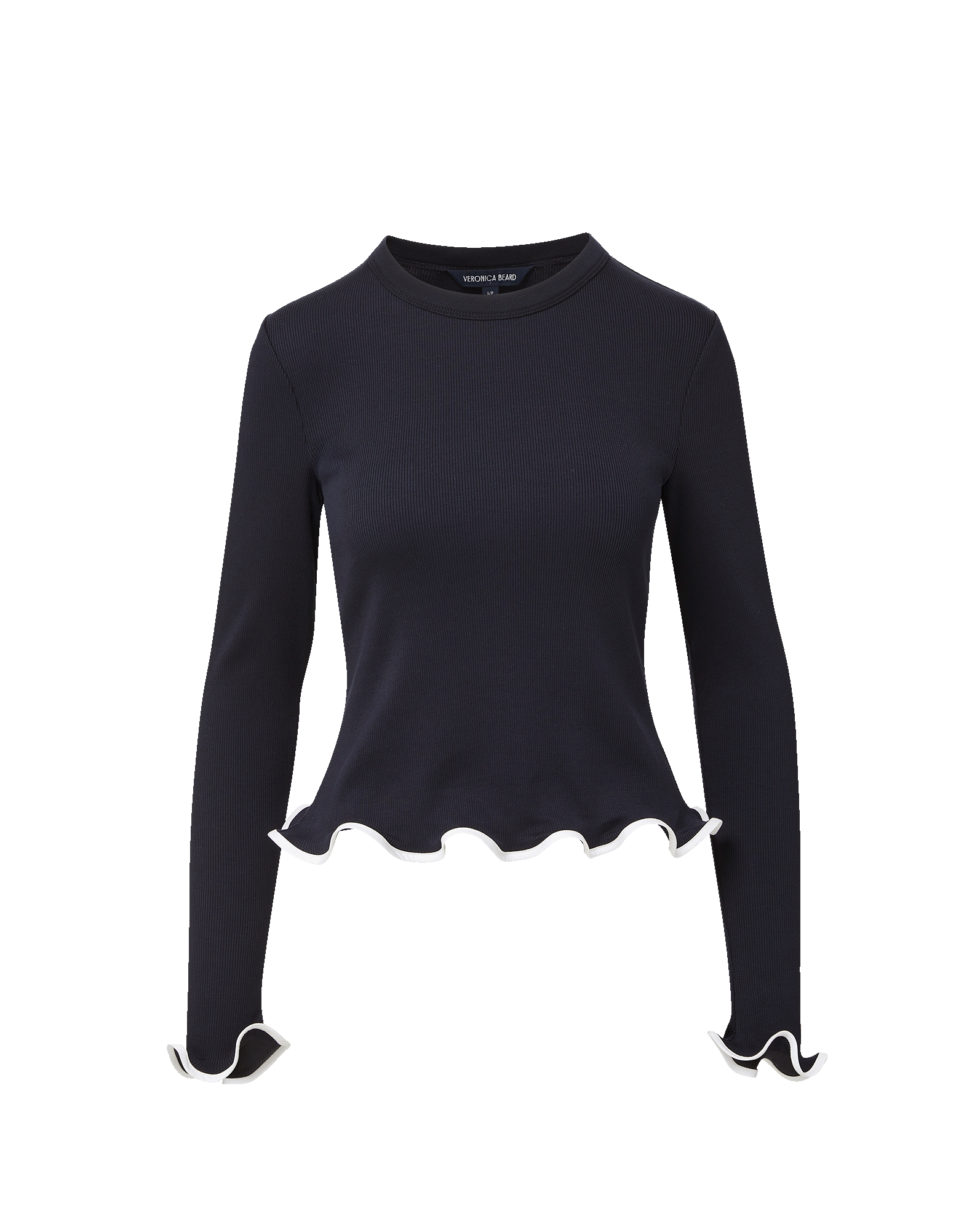 Veronica Beard Black long-sleeve ribbed top with white lettuce trim on the hem and cuffs.