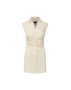 Veronica Beard Cream sleeveless mini shirt dress with a collar, V-neck, and ruched button-front.