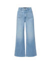 Veronica Beard Light wash denim wide-leg jeans with large front patch pockets.