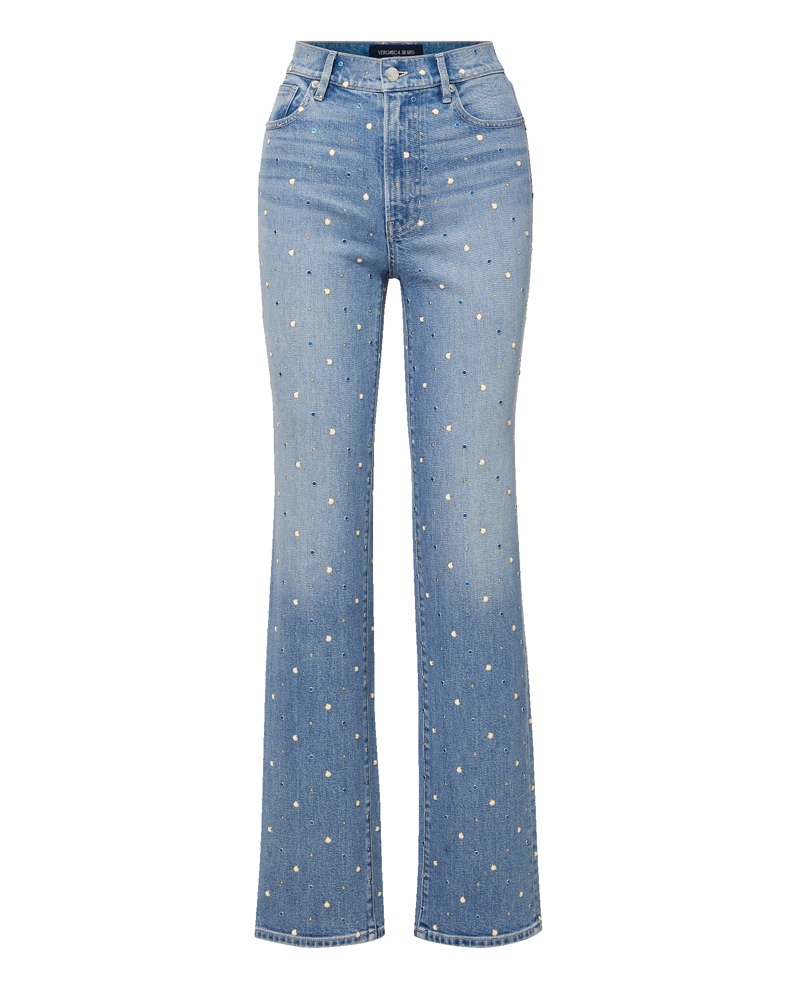 Veronica Beard Light wash denim high-waisted jeans with a straight leg and scattered pearl embellishments.