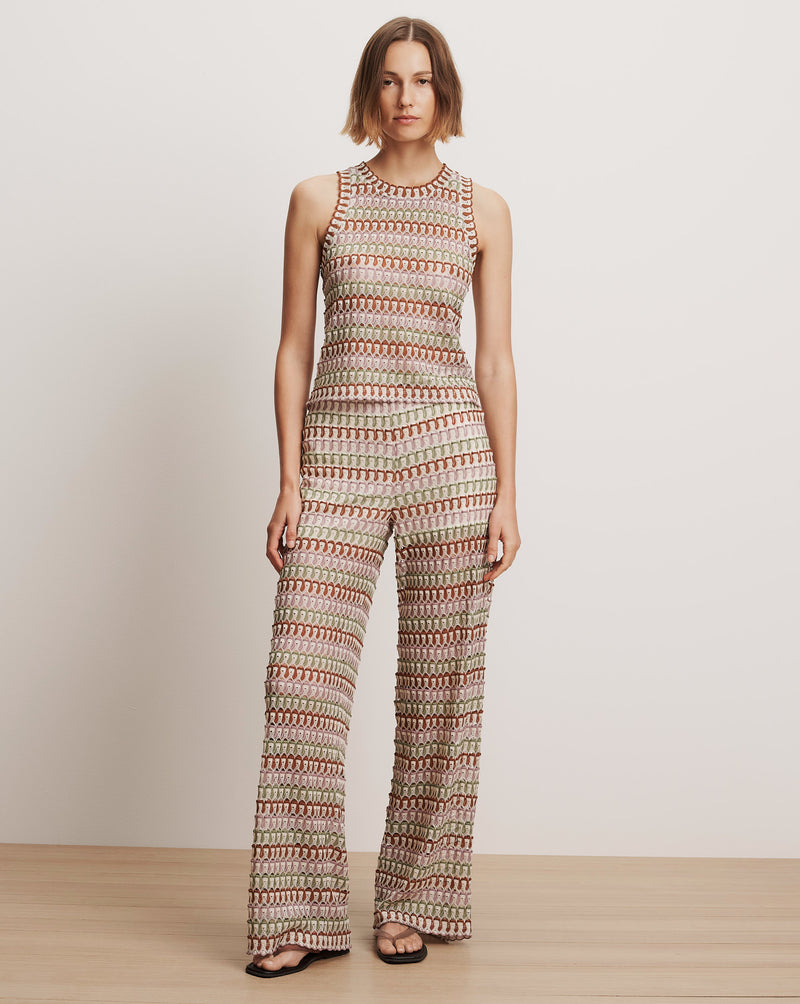 Veronica Beard Fatima Crochet Wide-Leg Pant - Deep Ochre/Dove White Multi