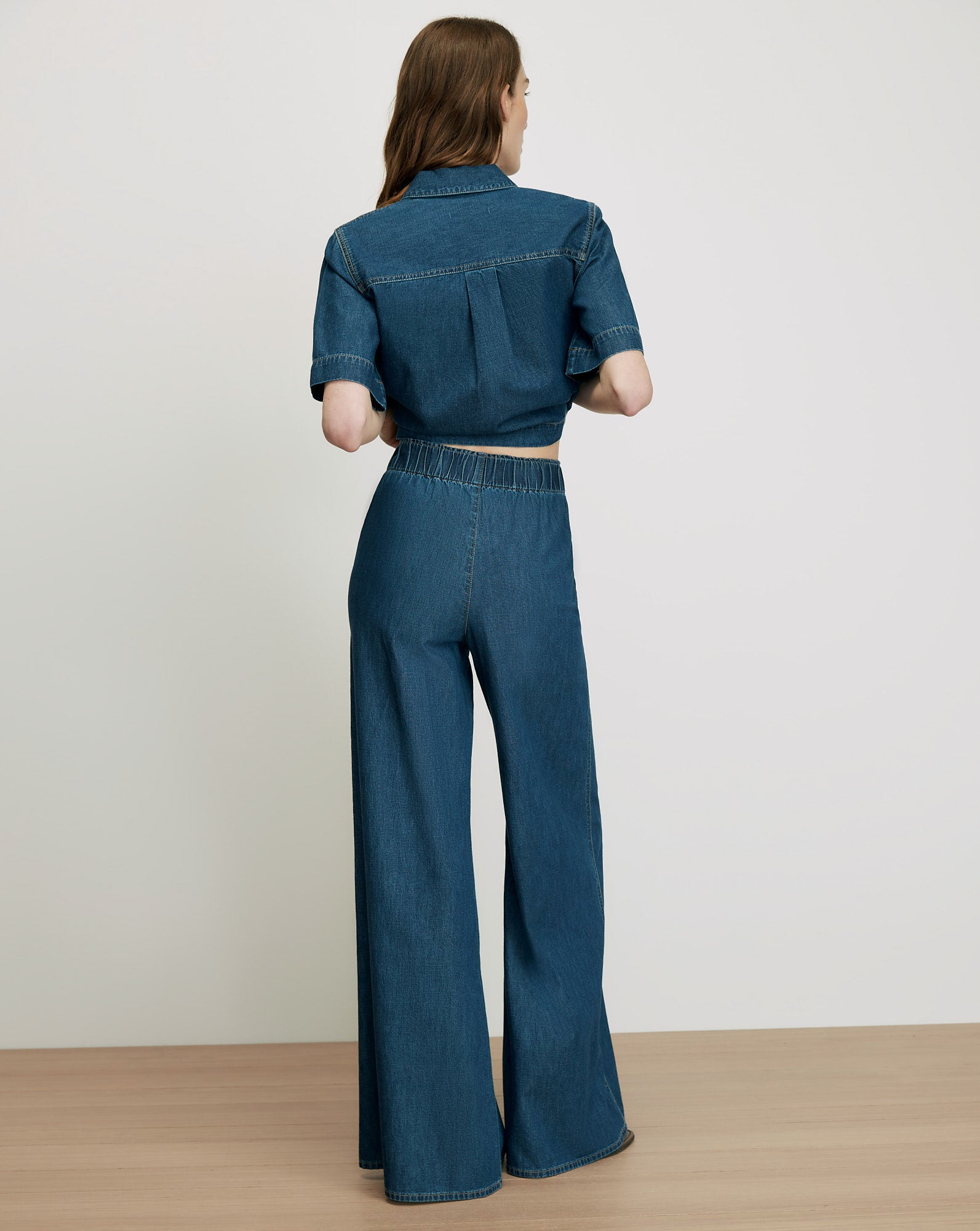 Veronica Beard Blue denim wide-leg pants with elastic waist.