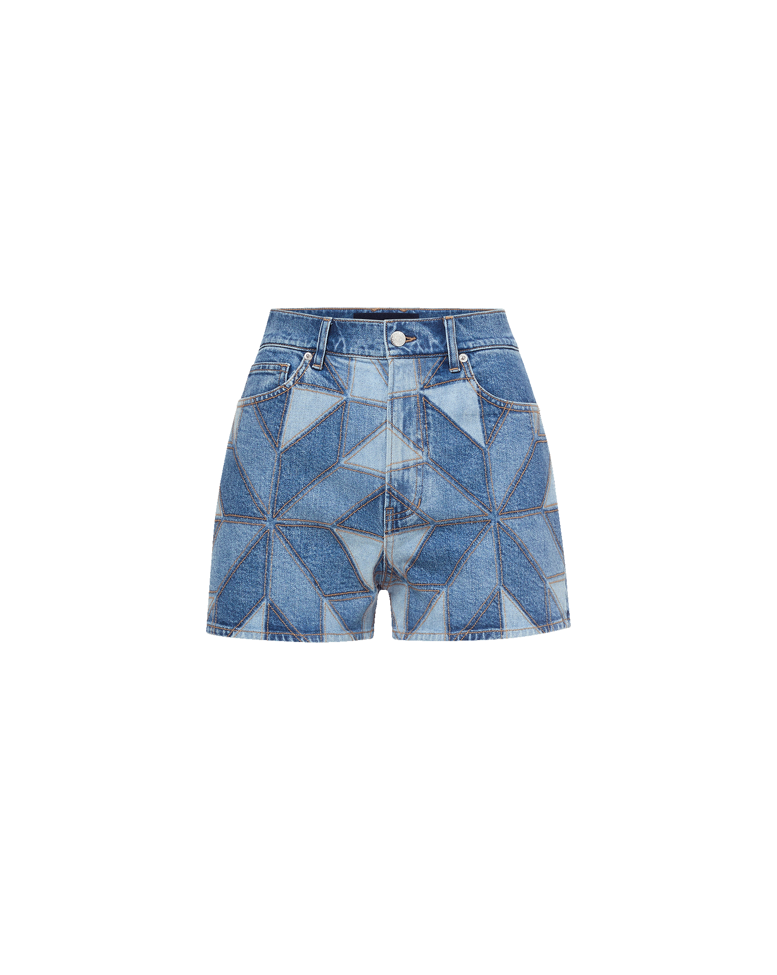 Veronica Beard Blue denim patchwork high-waisted shorts