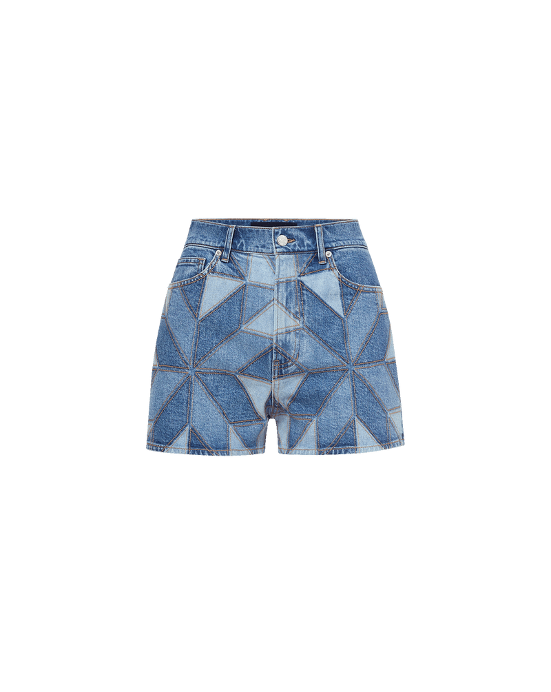 Veronica Beard Blue denim patchwork high-waisted shorts