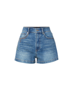 Veronica Beard Blue denim shorts with embroidered green crocodile and orange stitching.