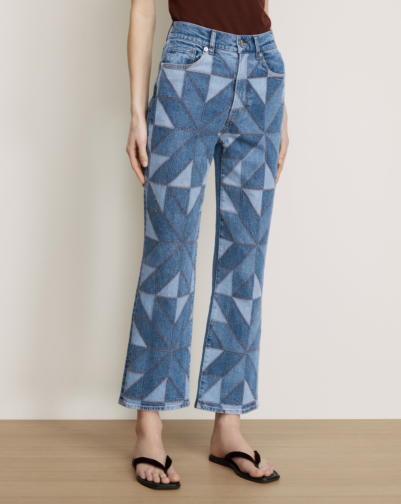Veronica Beard Blue patchwork denim jeans with geometric pattern