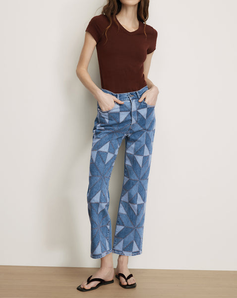 Veronica Beard Brown short-sleeve V-neck top and blue geometric print