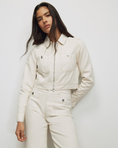 Veronica Beard Ecru denim jacket with zipper and pockets.