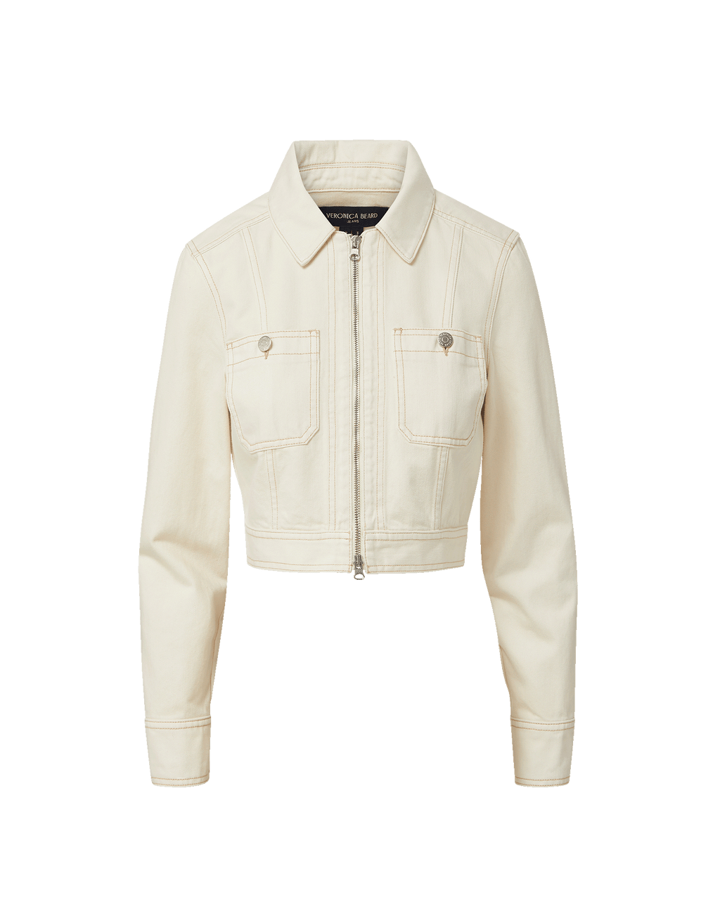 Veronica Beard Ecru denim cropped jacket with contrast stitching.