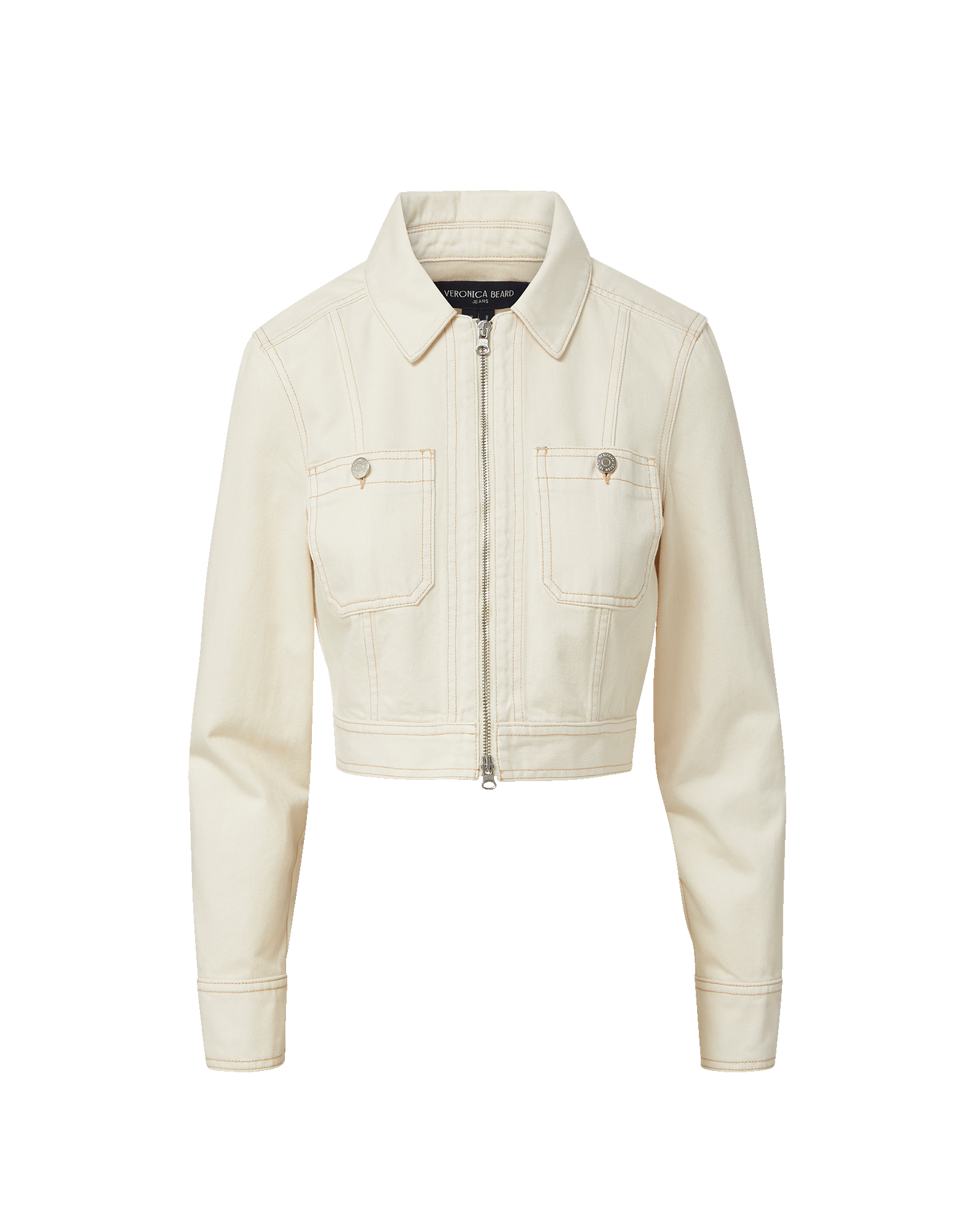 Veronica Beard Ecru denim cropped jacket with contrast stitching.