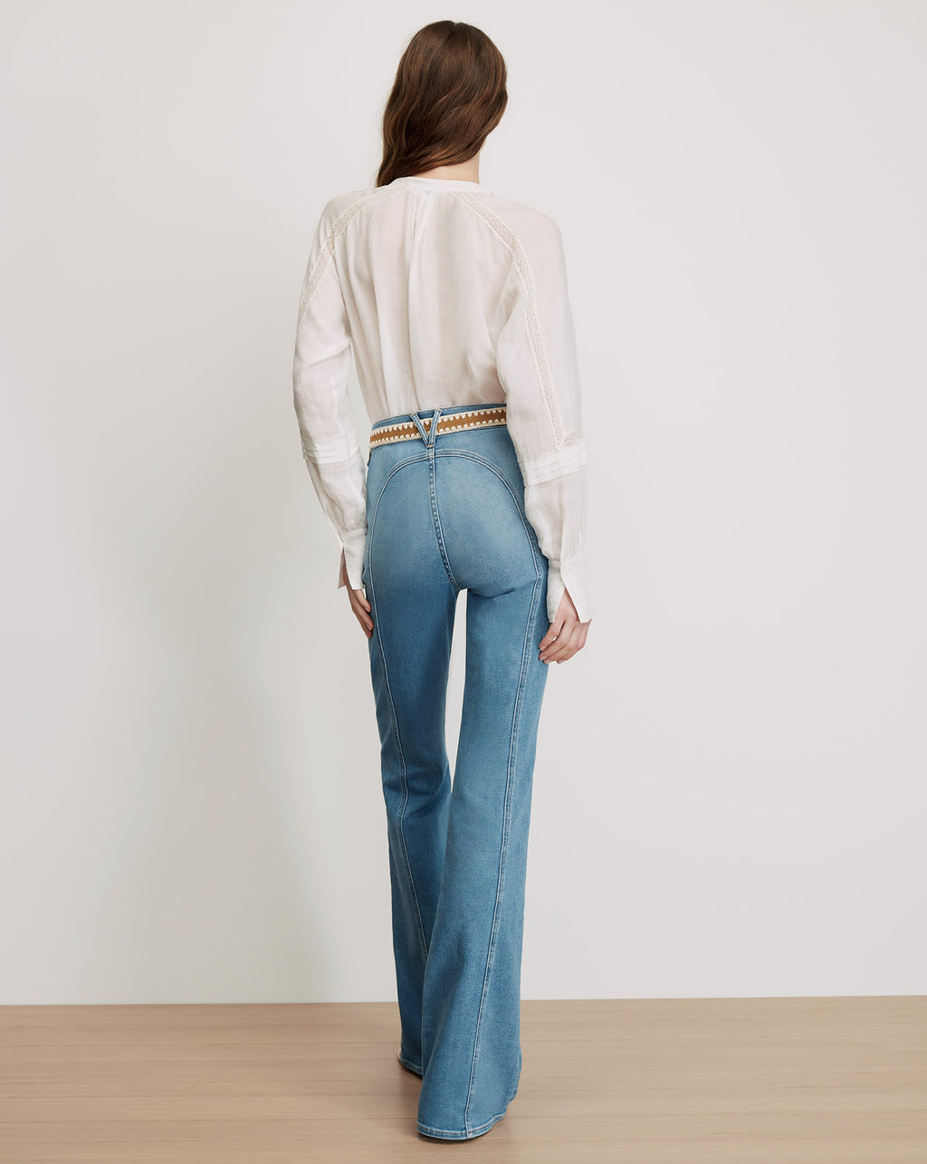 Veronica Beard Blue denim flared jeans with front seams.