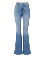 Veronica Beard Blue denim flare jeans with front seams.